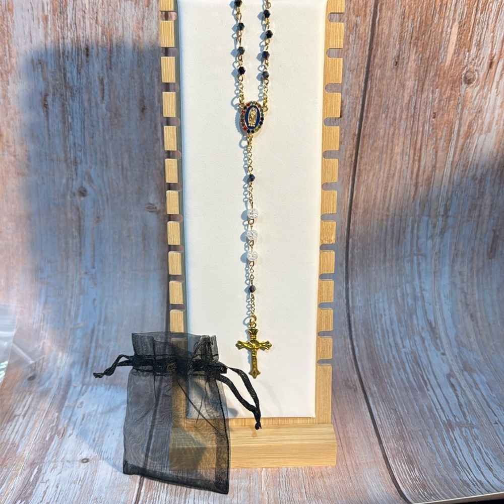 NEW Handmade 26” Blue, Black and Gold Beaded Rosary Item #PHK1984